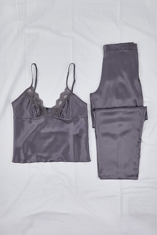 Antrasit 3'lü Çeyiz Set Dantel Detaylı Saten Dokuma Pijama Takımı TBBAW26AI00056 - 7