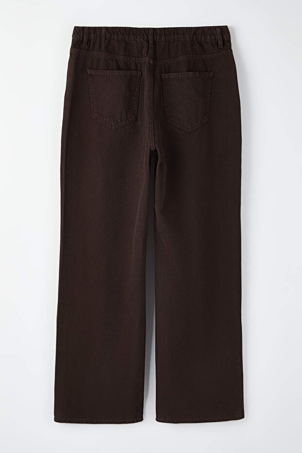Kahverengi Beli Lastikli ve Ayarlanabilir %100 Pamuk Non-Stretch Wide Leg Jeans TBBAW26AR00018 - 7