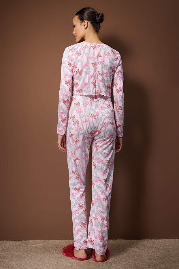 Çok Renkli Pamuklu Çizgili ve Kurdele Fiyonklu Örme Pijama Takımı THMAW26PT00229 - 6