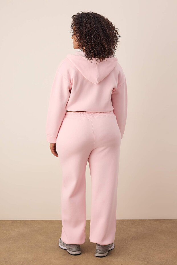 Pembe Crop Boy Beli Lastikli Ayarlanabilir İçi Polarlı Büyük Beden Eşofman Takımı TBBAW26TS00012 - 4