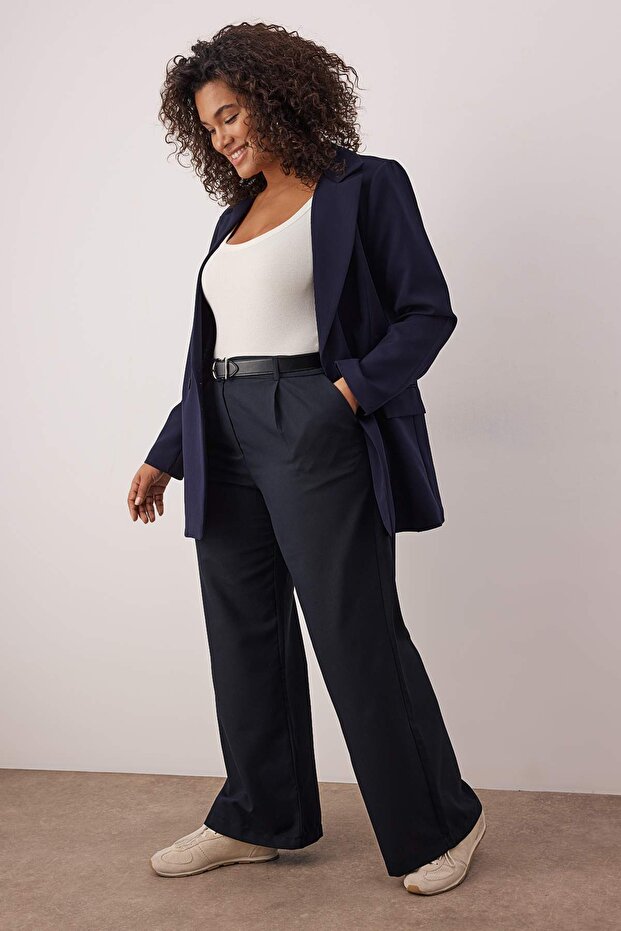 Lacivert Lastik Belli Wide Leg Büyük Beden Dokuma Pantolon TBBAW26AR00019 - 2