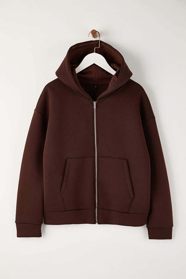 Wardrobe Essentials – Koyu Kahverengi Oversize Kapüşonlu Örme Sweatshirt |TWOAW26SW00018 - 5