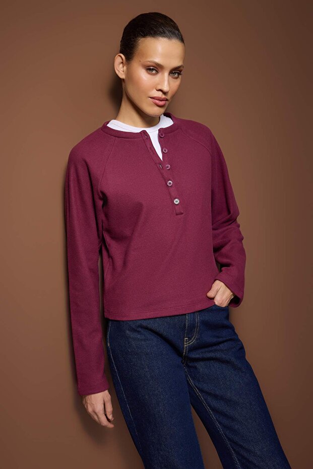 Bordo Regular/Normal Kalıp Yarım Patlı Selanik Kalın Örme Bluz TWOAW26BZ00252 - 1