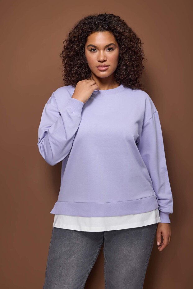 Lila Alttan T-Shirt Çıkma Görünümlü İnce Örme Büyük Beden Sweatshirt TBBAW23AO00023 - 1