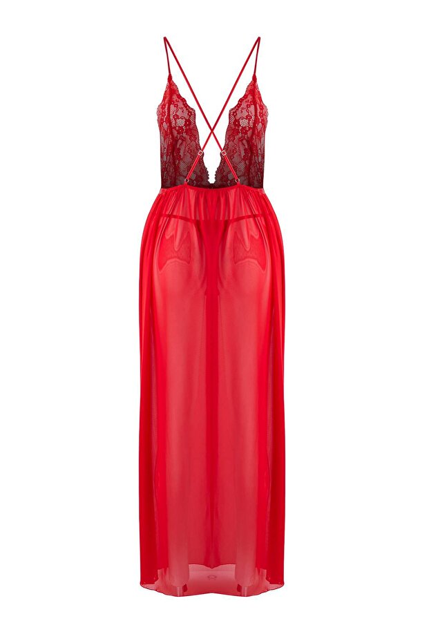 Kırmızı Kurdele/Fiyonklu, Yırtmaçlı ve Dantelli Tül Külotlu Babydoll/Fantezi Gecelik THMAW26LL00023 - 6