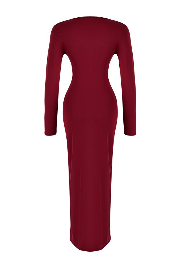 Bordo Vücuda Oturan Örme Şık Maxi Abiye Gece Mezuniyet Elbisesi TPRAW26AE00015 - 6