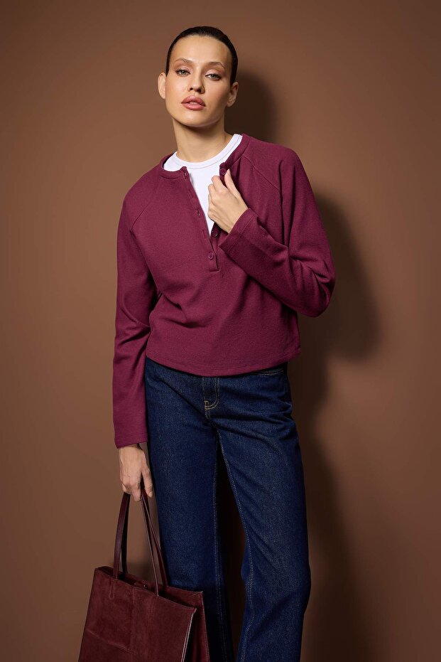 Bordo Regular/Normal Kalıp Yarım Patlı Selanik Kalın Örme Bluz TWOAW26BZ00252 - 2