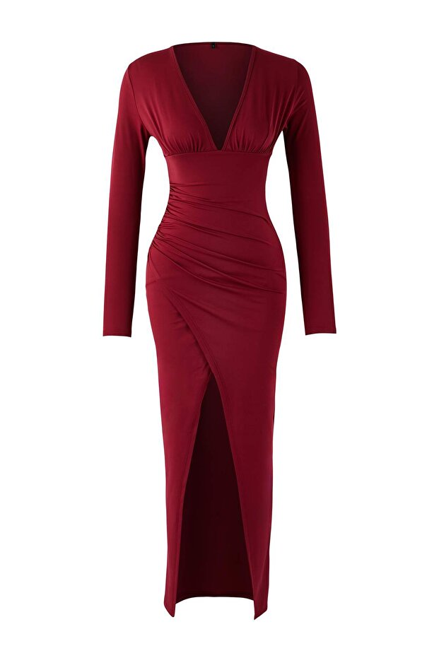Bordo Vücuda Oturan Örme Şık Maxi Abiye Gece Mezuniyet Elbisesi TPRAW26AE00015 - 5