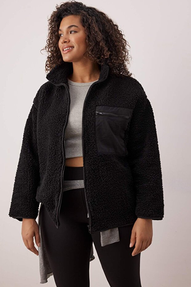 Winter Essentials Siyah Kalın Polar Fermuarlı Dik Yaka Cepli Örme Sweatshirt TBBAW26AO00022 - 1