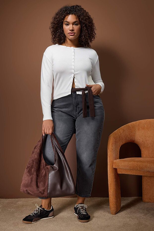 Beyaz Çıtçıtlı Crop Boy Basic Örme Büyük Beden Bluz TBBAW26AF00119 - 1