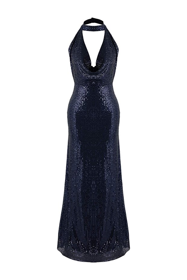 Lacivert Düz Örme Payet Maxi Abiye & Mezuniyet Elbisesi TPRSS25AE00189 - 5