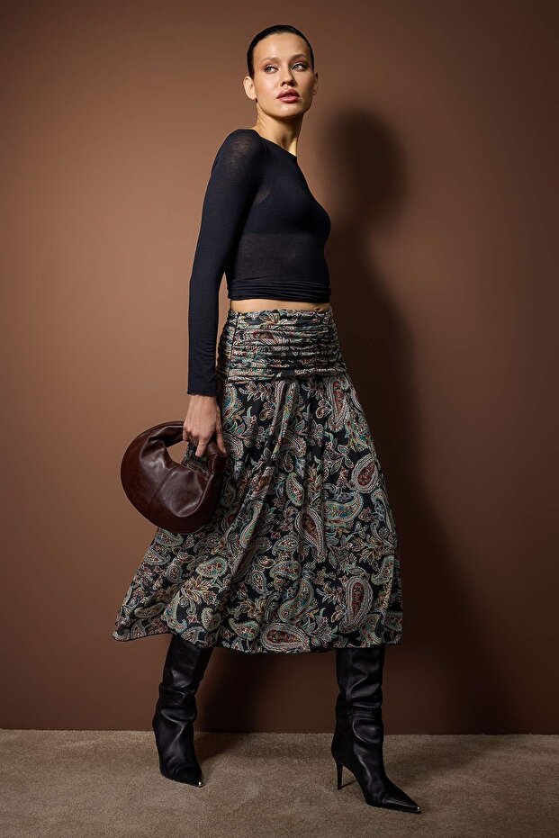 Çok Renkli Maxi Büzgü/Drape Detaylı Boho/Boho Chic Basklılı Tül Esnek Örme Etek TWOAW26ET00122 - 5