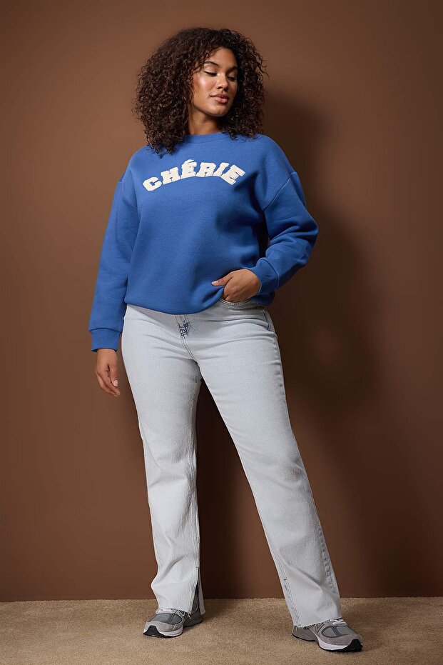 Indigo Thick Fleece Inside O Oversized Slogan Embroidered Knitted Oversize Sweatshirt Tbbaw26Ao00008
