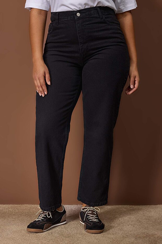 Siyah Yüksel Bel 90'lar Straight Fit %100 Pamuk Non-Stretch Büyük Beden Jeans TBBAW26CJ00052 - 3
