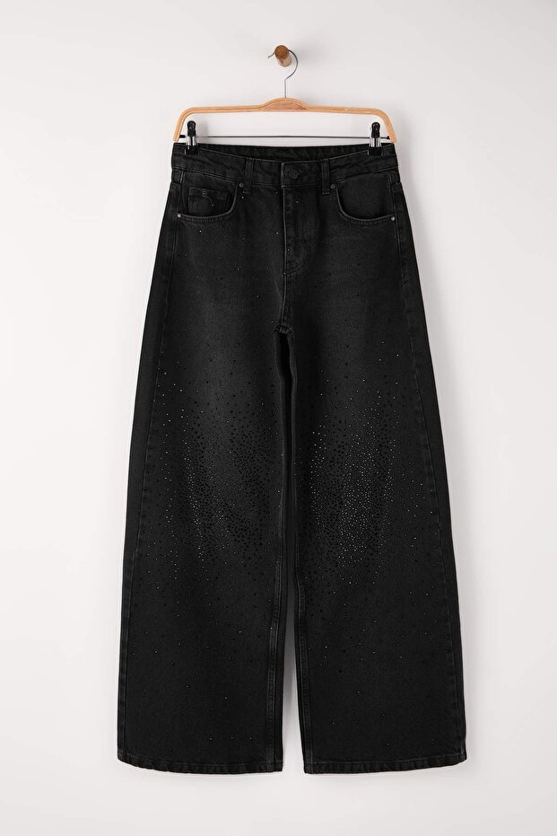 Siyah Taş Detaylı Normal Bel Wide Leg Jeans TWOAW26JE00284 - 5