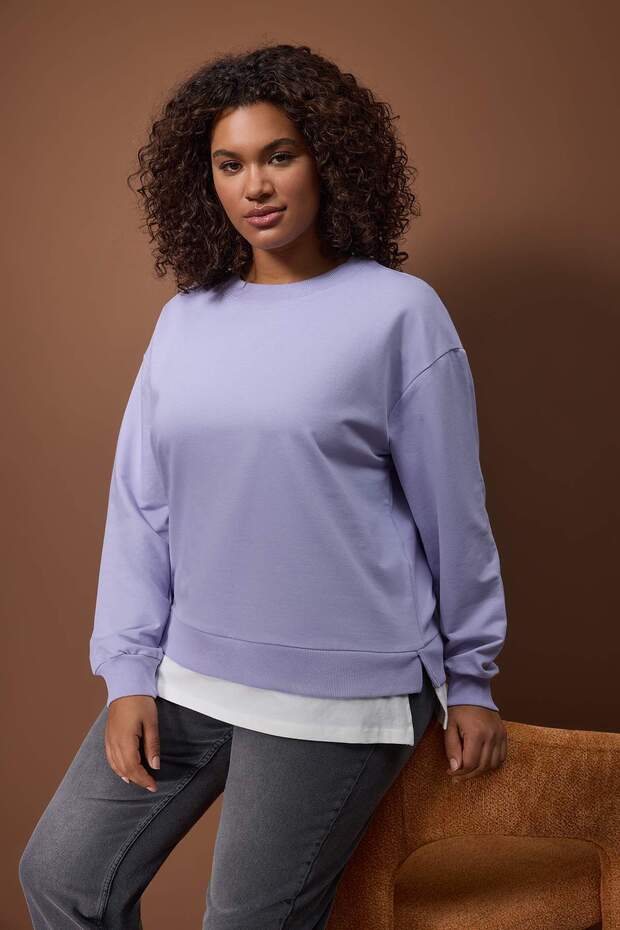 Lila Alttan T-Shirt Çıkma Görünümlü İnce Örme Büyük Beden Sweatshirt TBBAW23AO00023 - 2