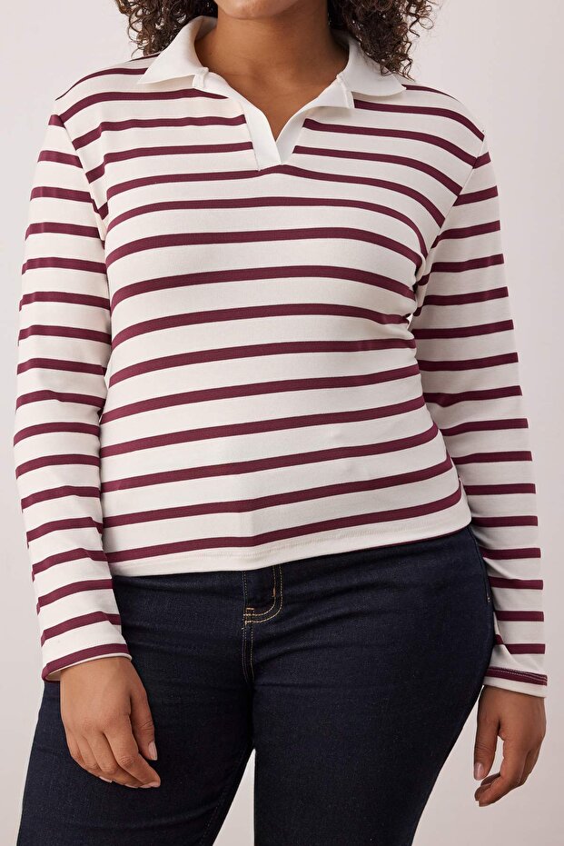 Bordo Polo Yaka Çizgili Crop Boy Örme Büyük Beden Bluz TBBAW26AF00109 - 3