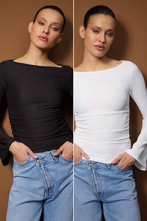 Siyah-Ekru Fitted/Vücuda Oturan 2'li Paket  Örme Bluz TWOAW26BZ00350 - 1