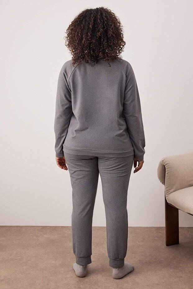 Szary drukowany bawełniany dzianinowy komplet dresowy w dużym rozmiarze TBBAW23AI00016 - 4