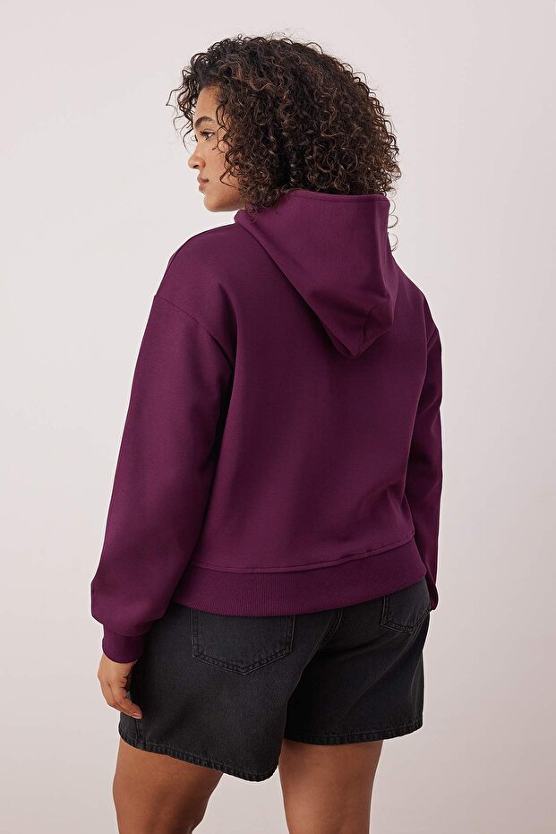 Mor Regular Fit Dökümlü Kumaş Önü Fermuarlı Büyük Beden Sweatshirt TBBAW26AO00031 - 4