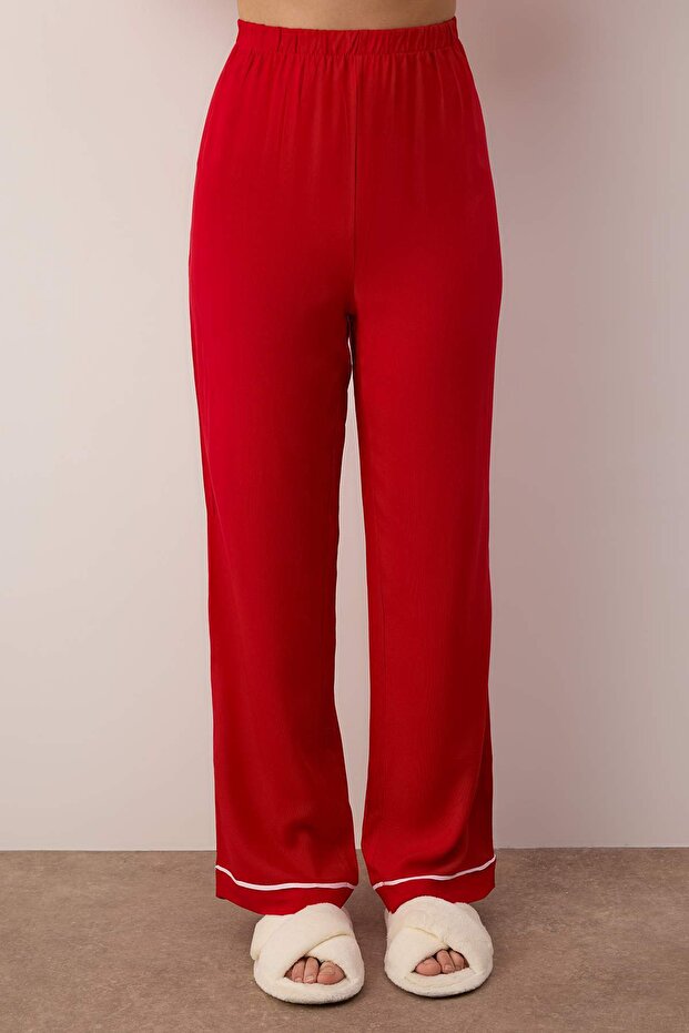 Bordo Kalp Nakışlı Biyeli Viskon Dokuma Pijama Takımı THMAW25PT00179 - 3