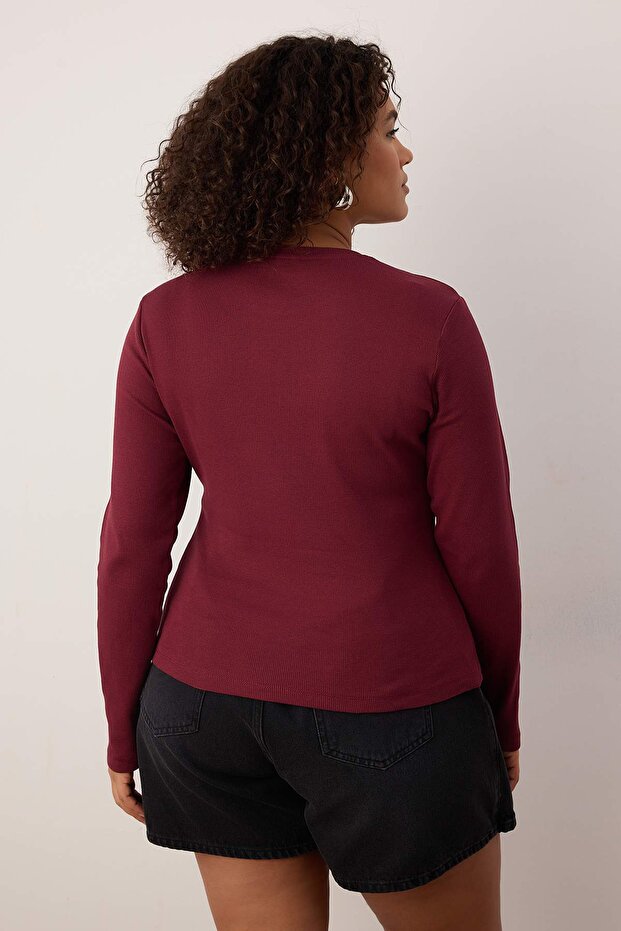 Ekru-Bordo 2'li Paket Crop Kaşkorse Örme Büyük Beden Bluz TBBAW26AF00055 - 4