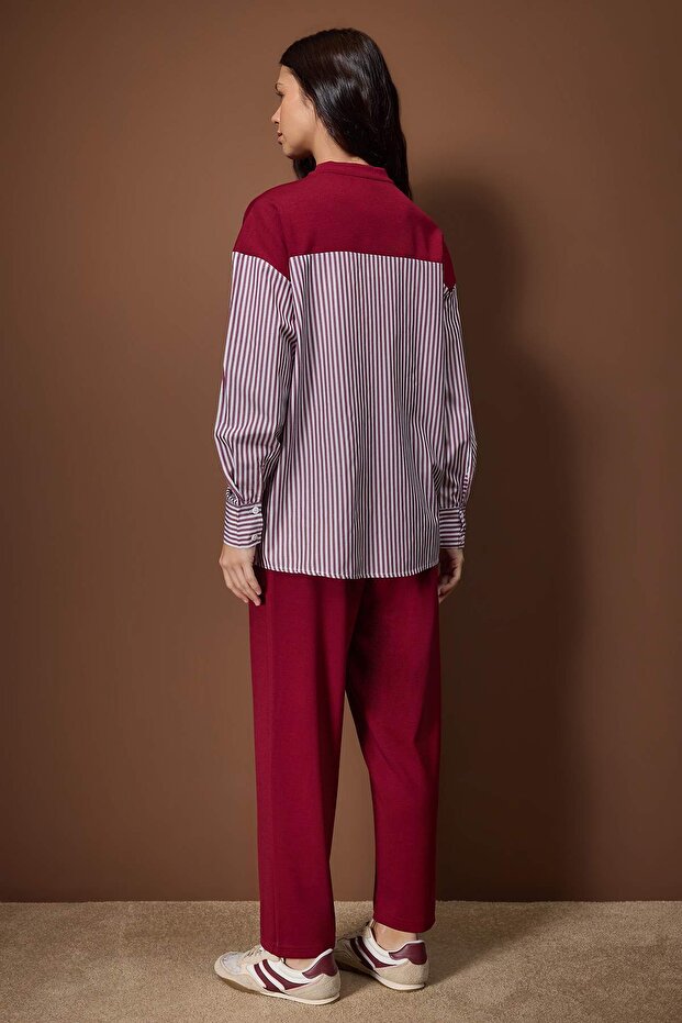Bordo Çizgili Dokuma Kumaş Detaylı Örme Alt-Üst Takım TCTSS25US00042 - 4