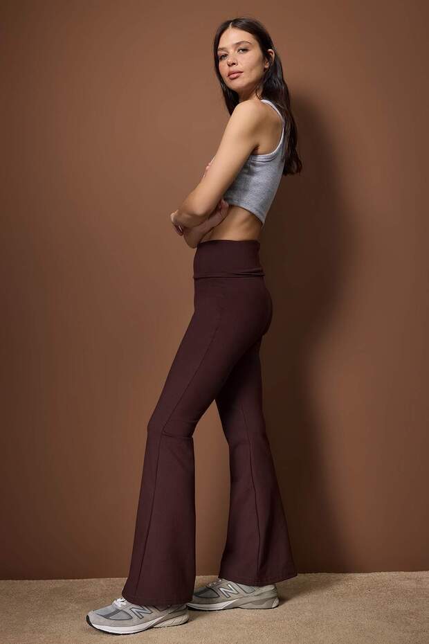 Kahverengi Fırçalı Soft Kumaş Bel Katlamalı Flare/İspanyol Paça Yoga Örme Spor Tayt THMAW26TY00001 - 2