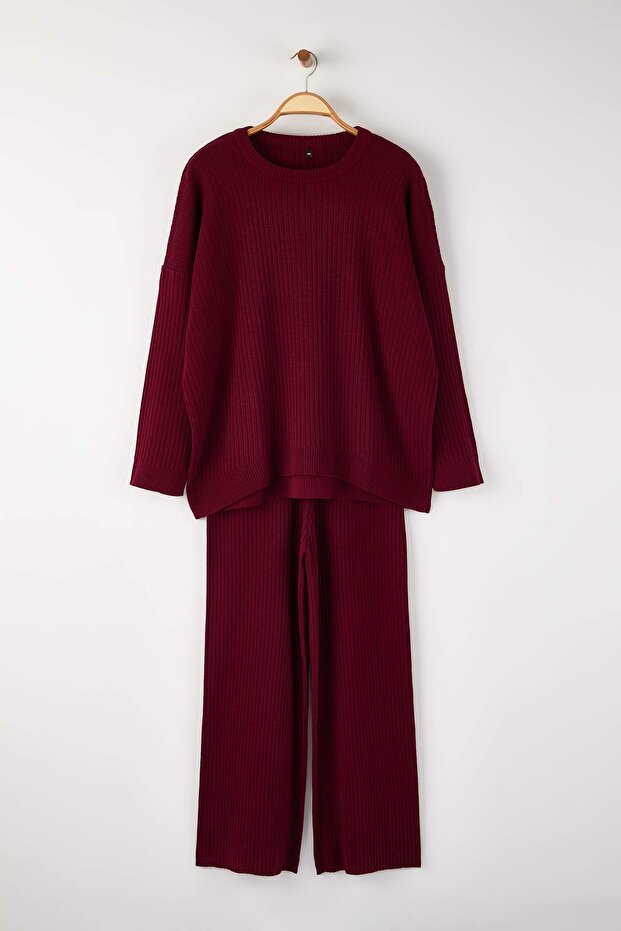 Bordo Fitilli Bisiklet Yaka Triko Kazak Pantolon Takım TBBAW23CP00044 - 5