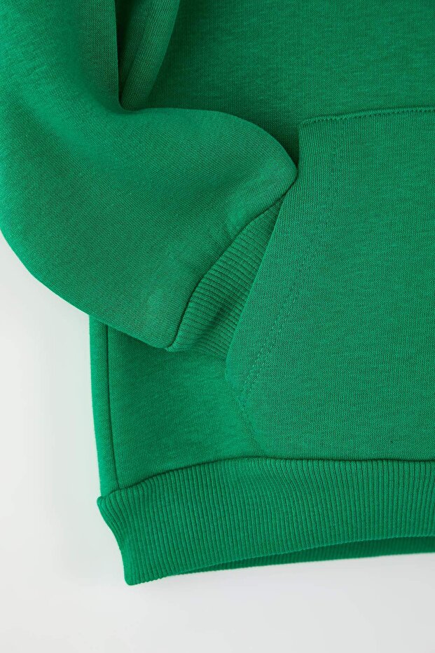 Yeşil Pamuklu Slogan Baskılı Kapüşonlu Oversize Örme Unisex Çocuk Sweatshirt TKDAW26SW00025 - 9