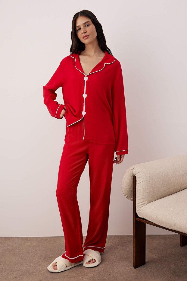 Bordo Kalp Nakışlı Biyeli Viskon Dokuma Pijama Takımı THMAW25PT00179 - 1