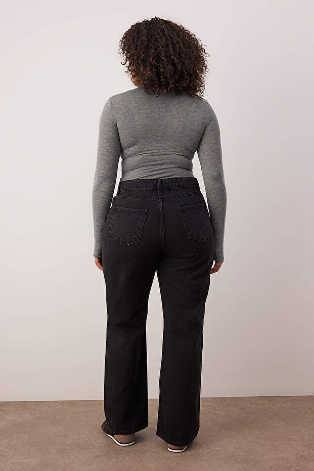 Antrasit Yüksek Bel Geniş Kesim Büyük Beden Jeans TBBAW24CJ00008 - 4
