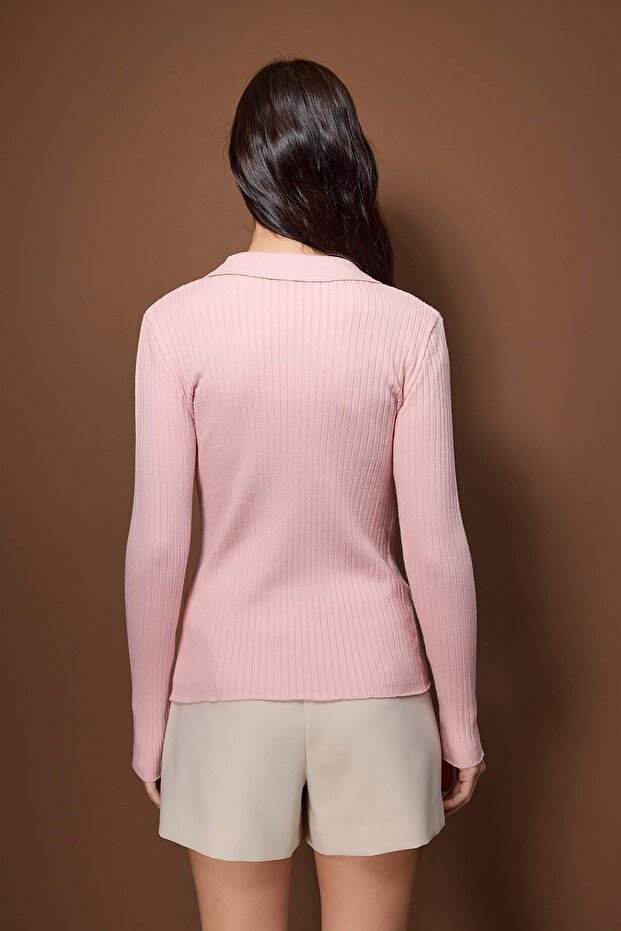 Wardrobe Essentials Pudra Premium İplikPolo Yaka Fitilli Triko Kazak | TWOAW26KZ00077 - 4
