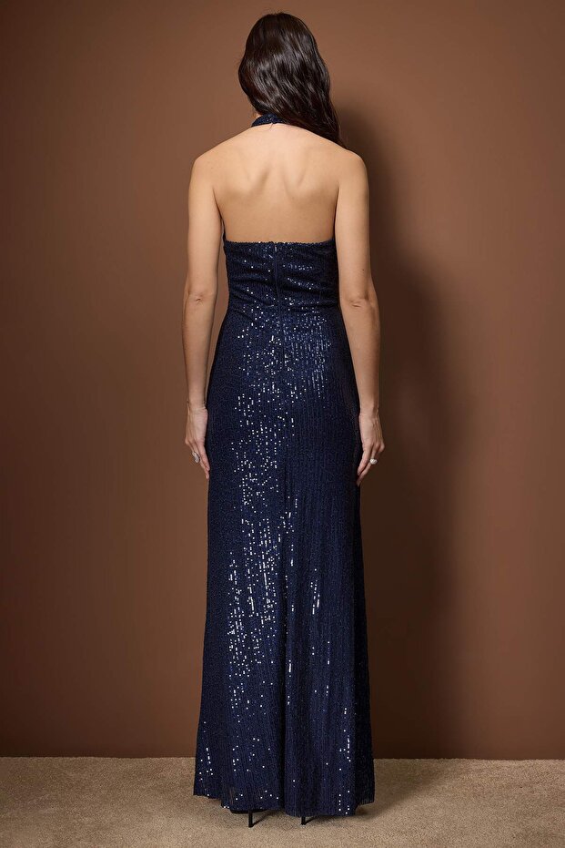 Lacivert Düz Örme Payet Maxi Abiye & Mezuniyet Elbisesi TPRSS25AE00189 - 4