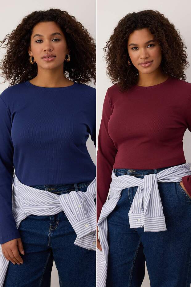 Bordo Lacivert 2'li Paket Crop Kaşkorse Örme Büyük Beden Bluz TBBAW26AF00055 - 1