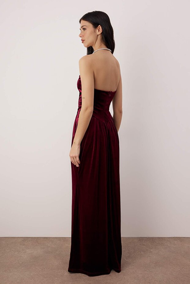Bordo Kadife Kalp Yaka Maxi Abiye & Mezuniyet Elbisesi TPRAW26AE00006 - 4