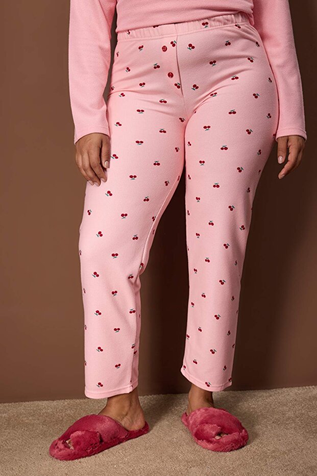 Pembe Baskılı Fermuarlı Yumuşak Tuşeli Waffle Örme Pijama Takımı TBBAW26AI00048 - 3