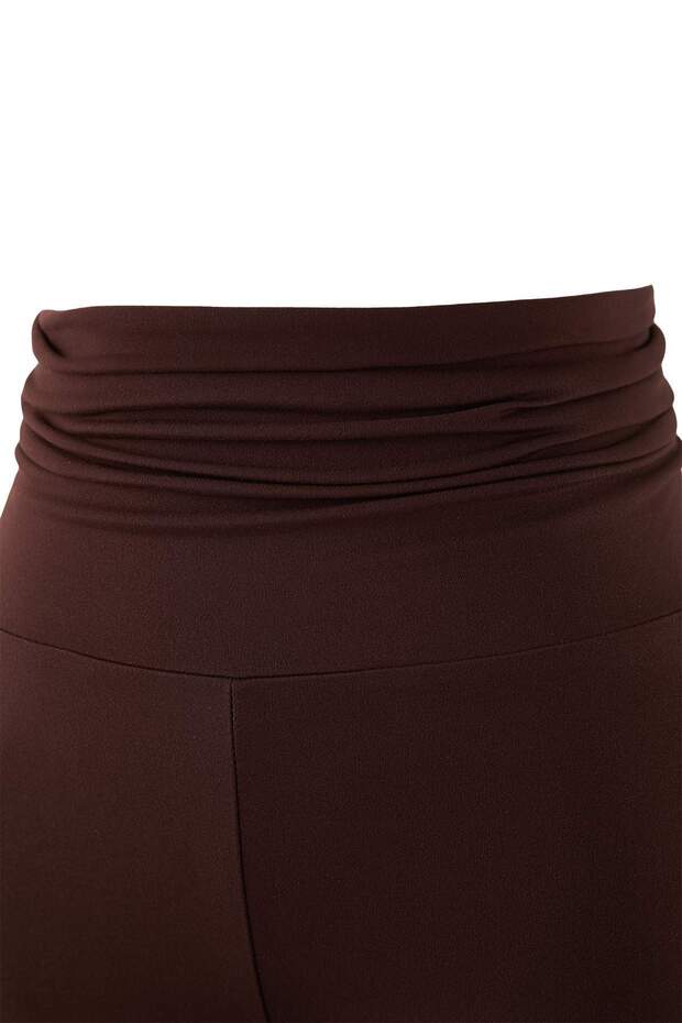 Kahverengi Fırçalı Soft Kumaş Bel Katlamalı Flare/İspanyol Paça Yoga Örme Spor Tayt THMAW26TY00001 - 7