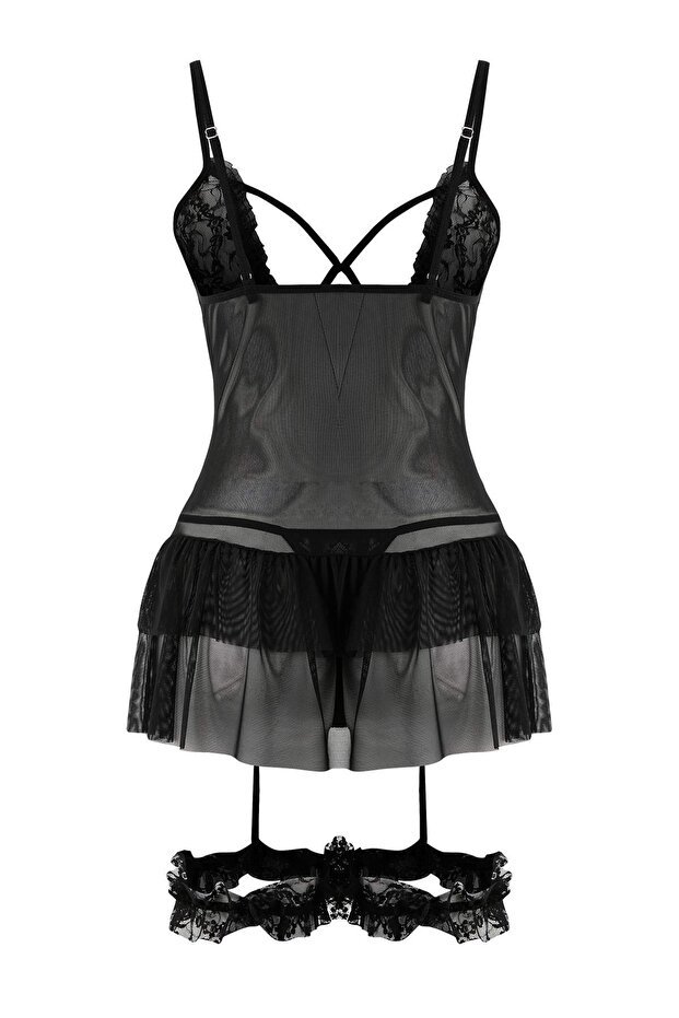 Siyah Bacak Bant ve Tül Detaylı Külotlu Dantel Kapsız Babydoll/Fantezi Gecelik THMAW26LL00022 - 6