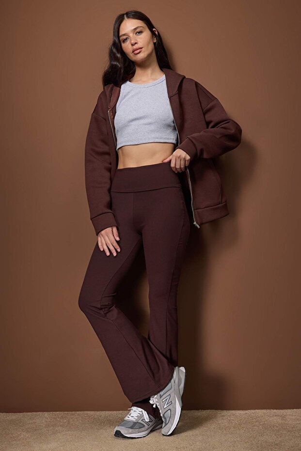 Kahverengi Fırçalı Soft Kumaş Bel Katlamalı Flare/İspanyol Paça Yoga Örme Spor Tayt THMAW26TY00001 - 1