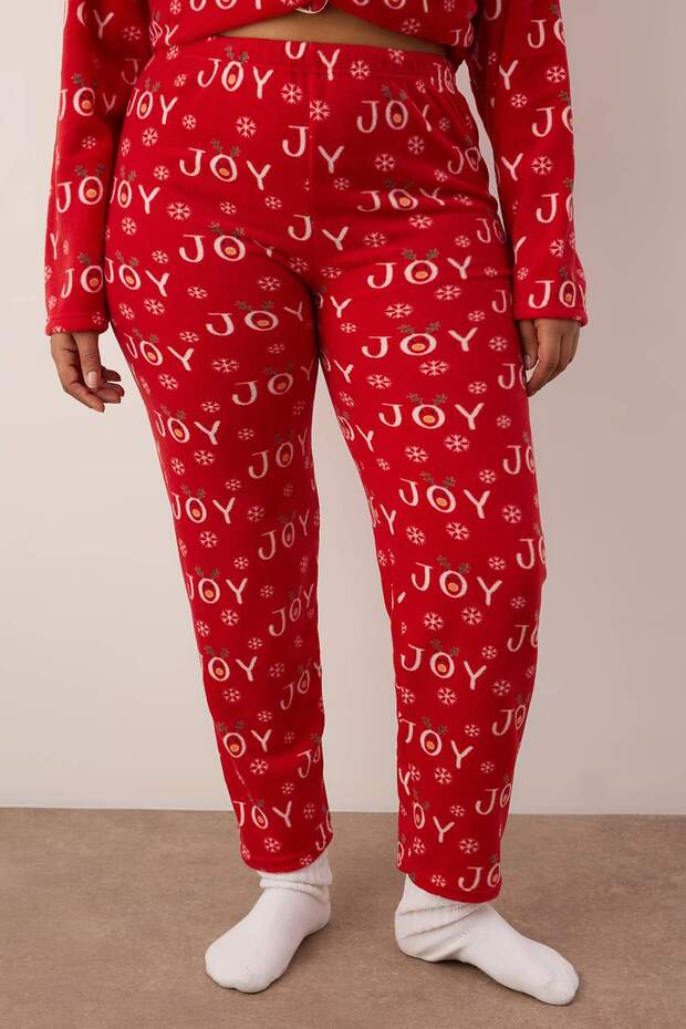 Kırmızı Yılbaşı Temalı Desenli Gömlek Yaka Polar Pijama Takımı TBBAW26AI00054 - 3