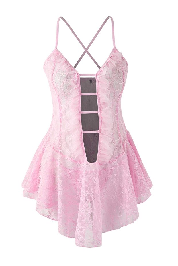 Pembe Pencere/Cut Out Detaylı Külotlu Dantelli Kapsız Örme Babydoll/Fantezi Gecelik THMSS25CY00004 - 5