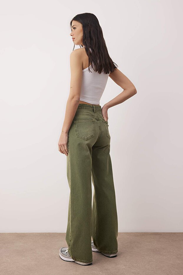 Açık Haki Yüksek Bel Vintage Yıkama Wide Leg Jeans TWOAW26JE00110 - 4