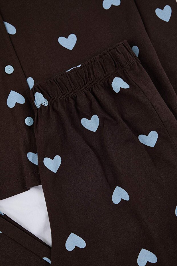 Kahverengi-Mavi %100 Pamuklu Kalp Desenli Örme Pijama Takımı THMAW21PT0548 - 6