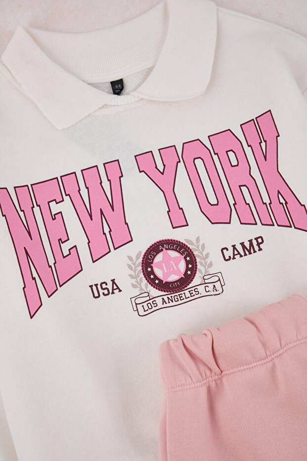 Pembe Pamuklu Kız Çocuk Slogan Baskılı Polo Yaka Oversize Örme Alt - Üst Takım TKDAW26AU00002 - 3