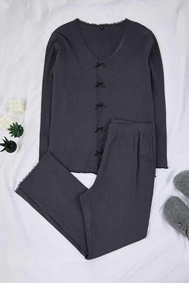 Antracytowy bawełniany komplet piżamy z koronką i kokardką/wstążką TBBAW26AI00021 - 2