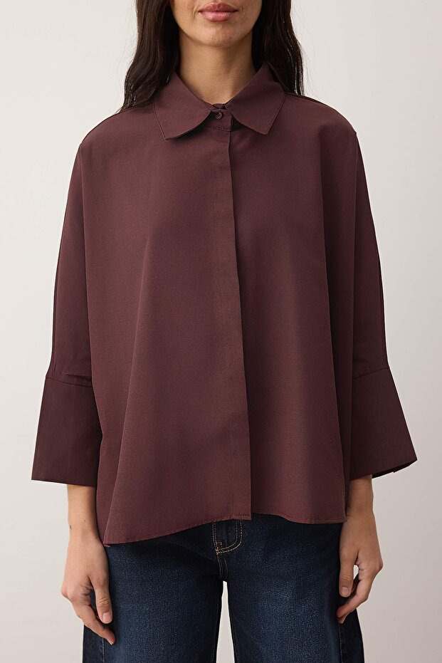 Mürdüm Geniş Manşetli Oversize Dokuma Gömlek TWOAW26GO00130 - 3