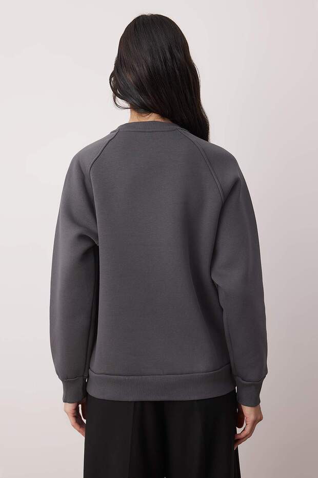 Antrasit Relaxed/Rahat Kalıp Basic Reglan Kol Bisiklet Yaka Örme Sweatshirt TWOAW24SW00104 - 4