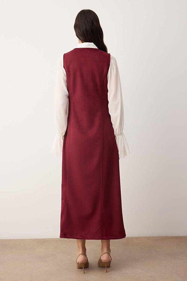 Bordo Jile Gold Düğme Detaylı Süet Dokuma Elbise TCTAW26EB00051 - 8
