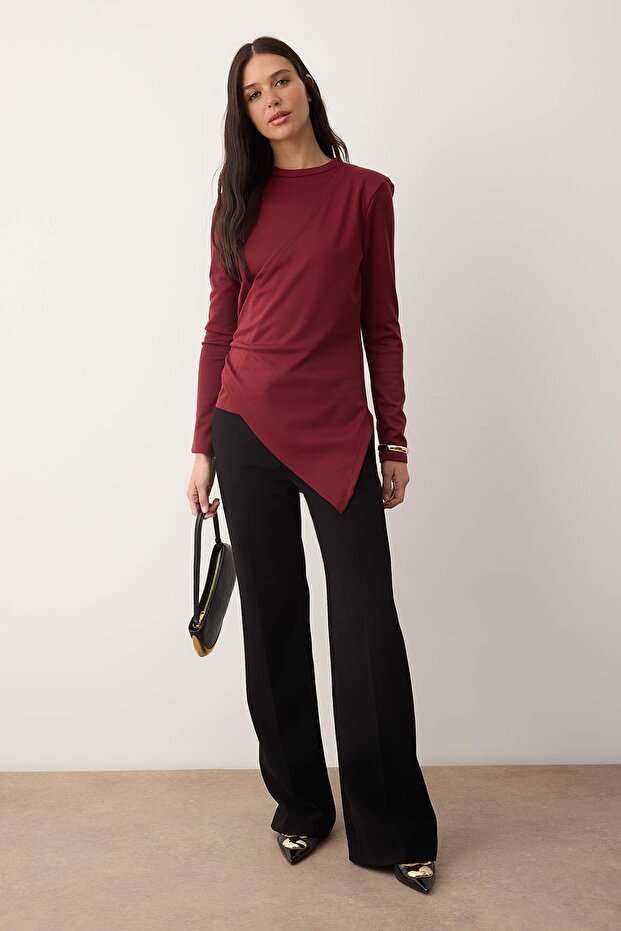 Bordo Fitted Etek Ucu Asimetrik Örme Tunik TCTAW26UK00002 - 1